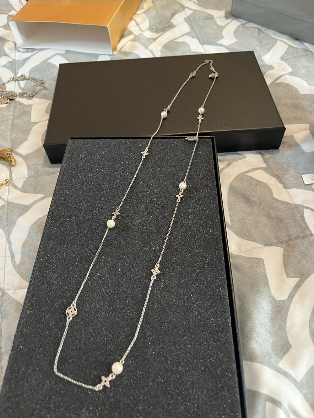 Park Lane Elegant Silver Pearl Station Long Necklace
